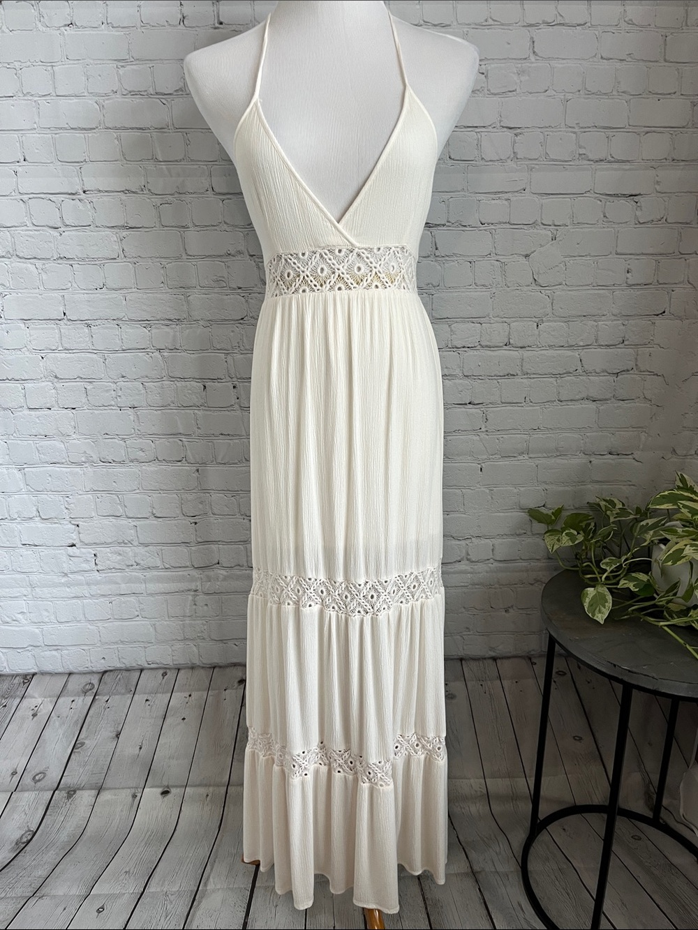 Forever 21 Ivory Halter Maxi Dress with Lace Insets